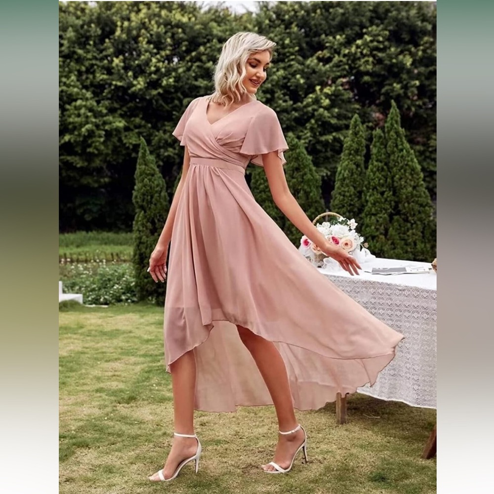 Women's Black High Low Bridesmaid Dresses Chiffon Short Sleeve V Neck - Picture 2 of 4